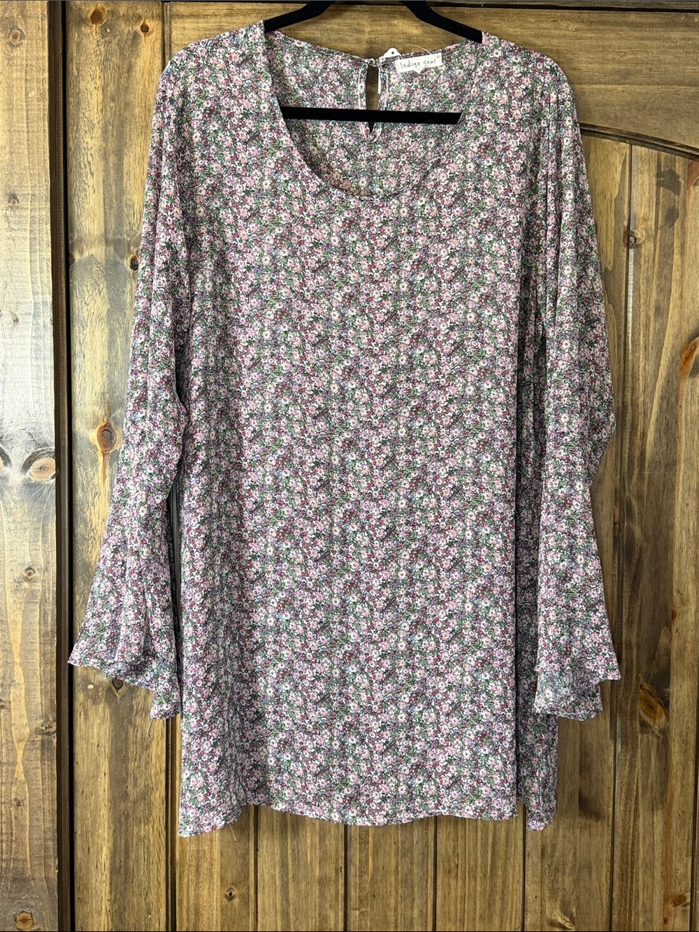 indigo soul Pink and Green Floral Bell-Sleeve Tunic